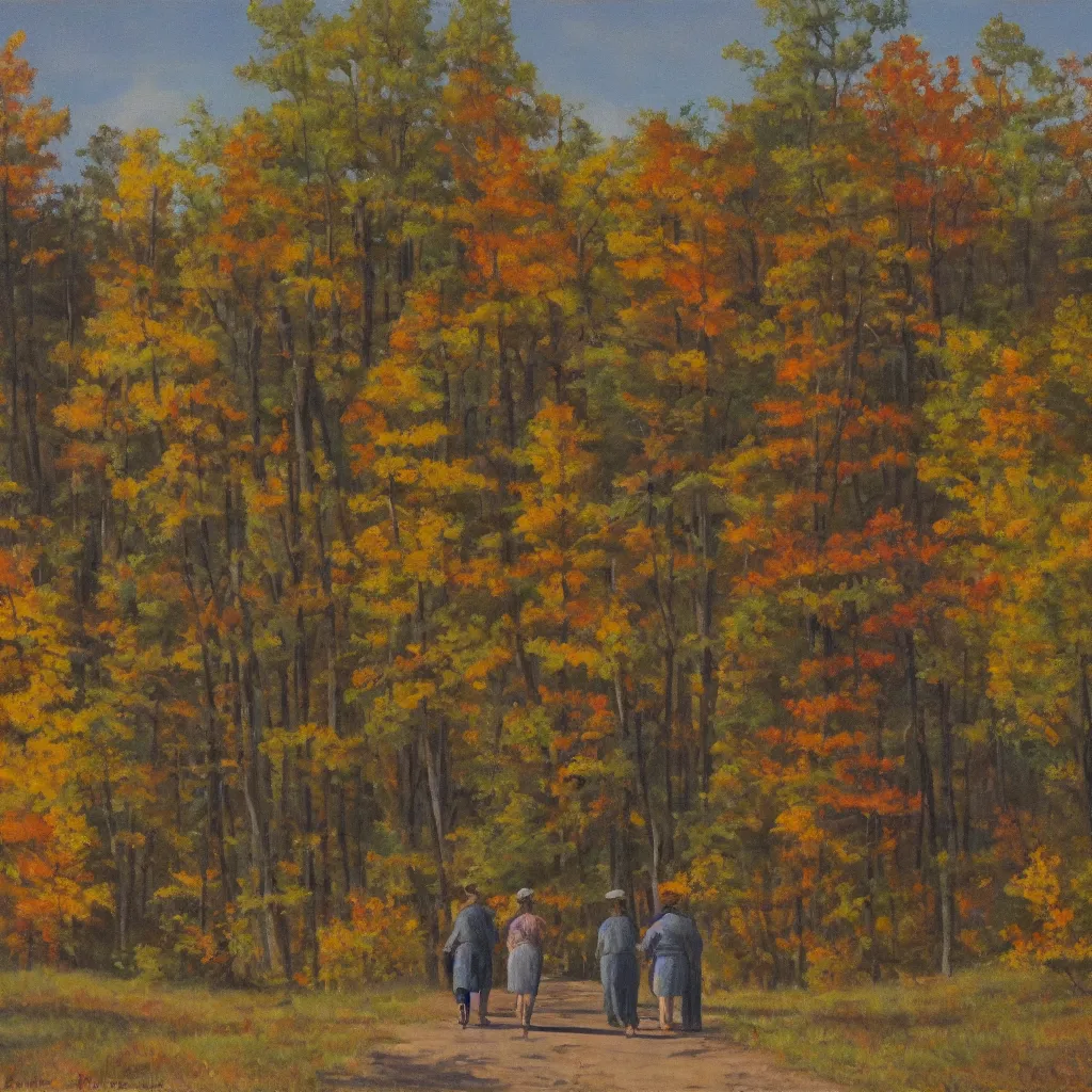 Image similar to 1 9 4 0 s american realist oil painting of walking together in the late afternoon light of gatineau park in october