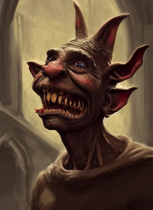 Image similar to profile face portrait of a medieval goblin eating cakes in the cloisters, beautiful face, hyper realistic, highly detailed, digital painting, artstation, illustration, concept art by hyung tae and frank frazetta, digital paint, matte paint, washed colors, dark, gloomy