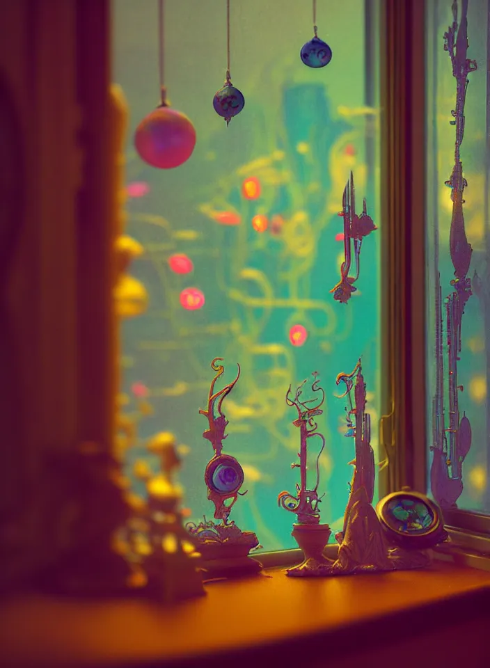 Image similar to telephoto 7 0 mm f / 2. 8 iso 2 0 0 photograph depicting the feeling of chrysalism in a cosy safe cluttered french sci - fi ( art nouveau ) cyberpunk apartment in a pastel dreamstate art cinema style. ( ornaments ) ( ( fish tank ) ), ambient light.