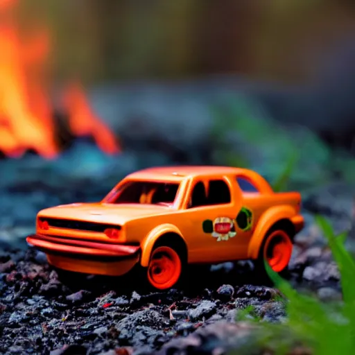 Image similar to macro photography of a toy hot wheels car driving through a forest fire, 3 5 mm