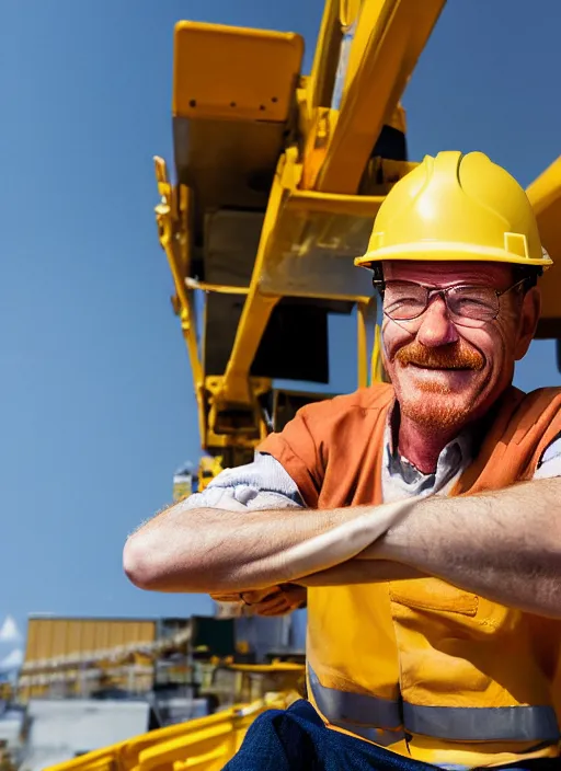 Prompt: closeup portrait of cheerful bryan cranston operating a crane, sitting in a crane, yellow hardhat, sitting in a crane, natural light, bloom, detailed face, magazine, press, photo, steve mccurry, david lazar, canon, nikon, focus