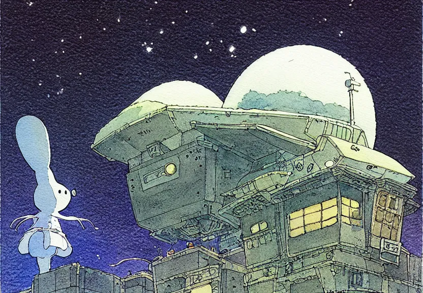 Prompt: a simple studio ghibli watercolor fantasy concept art of a dark grey boxy ufo at night. by studio ghibli, rebecca guay, michael kaluta, charles vess