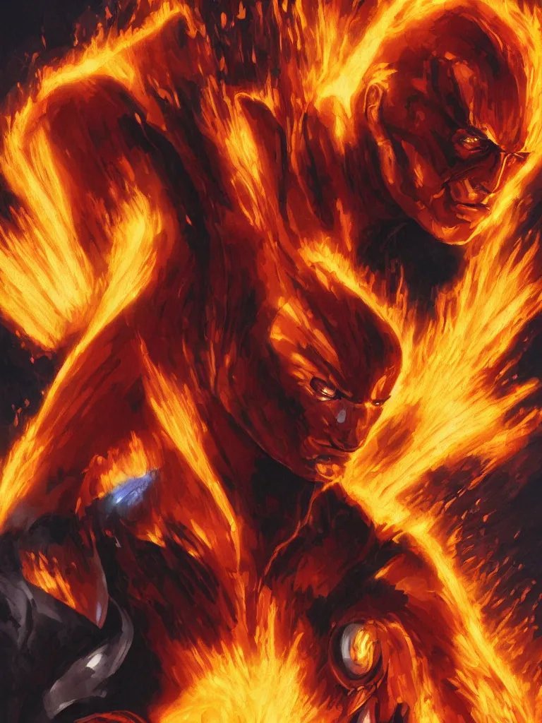 Prompt: human torch, close up, intricate, looking at camera, extremely detailed, sharp focus, concept art, illustration, sci-fi, volumetric lighting, art by Alex Ross