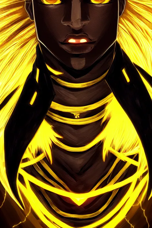 Prompt: glowing black male anime character, golden hair, yellow eyes, symmetrical, portrait, highly detailed, digital art, sharp focus, trending on art station, samurai, electricity superpowers, anime art style