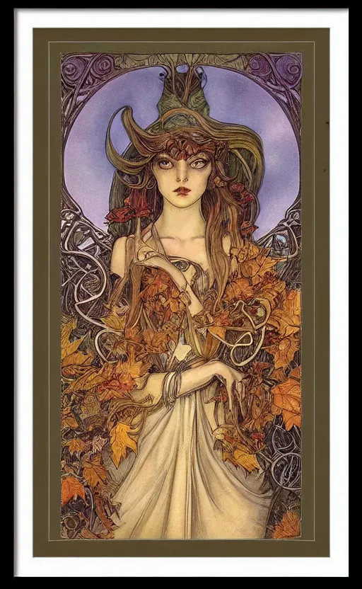 Prompt: art nouveau framed print by brian froud, goddess of autumn