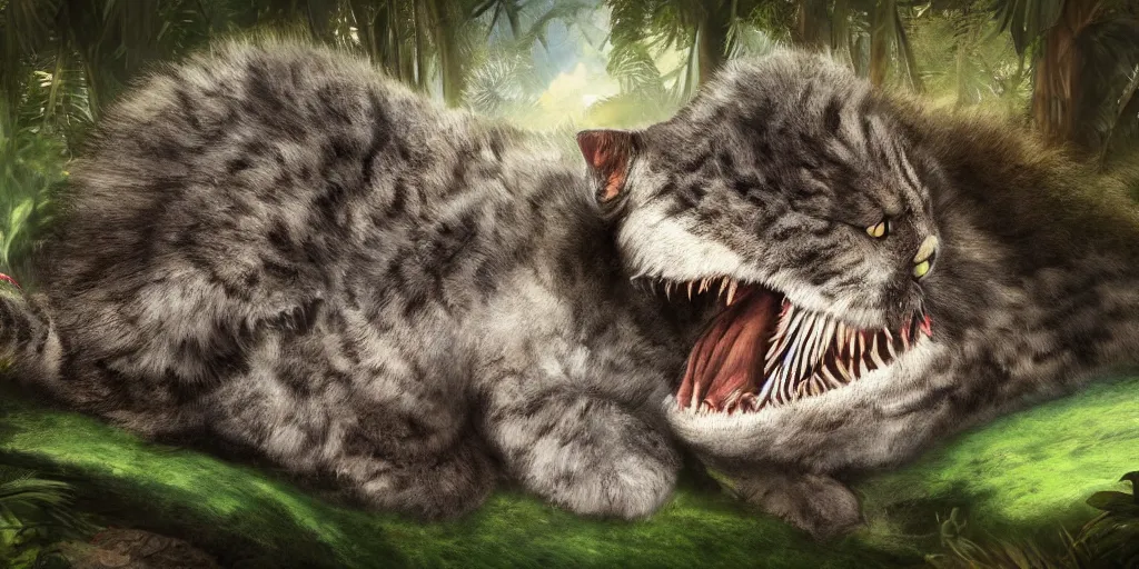 Image similar to photo realism, cat sitting on very fluffy tyrannosaurus rex, jungle background, 4 k, detailed