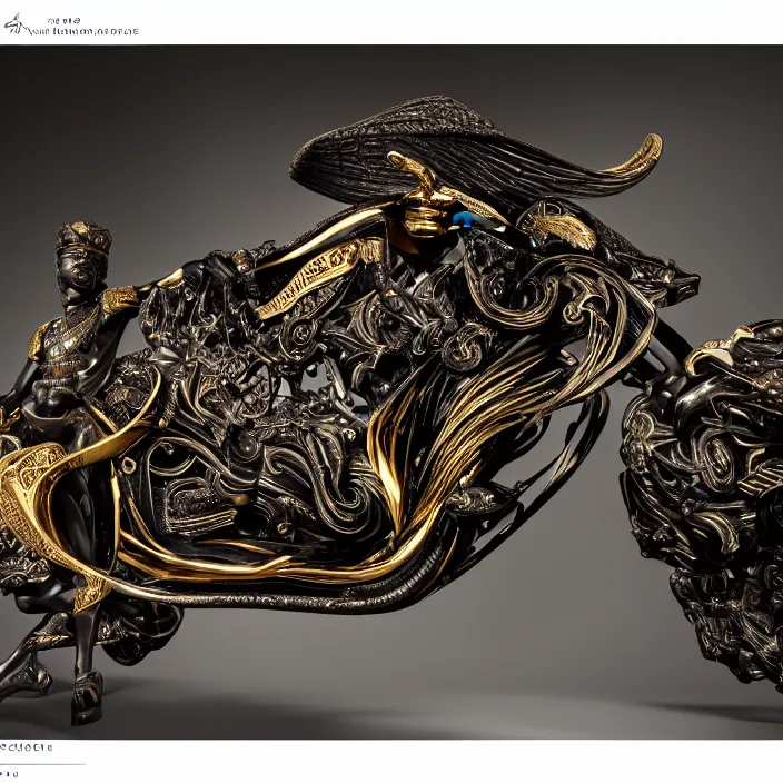 Image similar to fine art statue of black egyptian man on a surrealist motorbike, ebony art deco, carved black marble, inlaid with ebony and gold accents, ebony rococo, wings black lace wear, spider zero, zaha hadid, beautifully lit, hyper detailed, intricate, elite, ornate, photorealistic, micro details, 3 d sculpture, ray trace