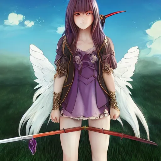 Prompt: girl with purple long hair and wings holding a sword, serious, extremely detailed, made by wlop, studio ghibli, artgerm, full body portrait, illustration, grass, sunny, sky, anime, side view, perfect anime face, detailed face, zoomed out,