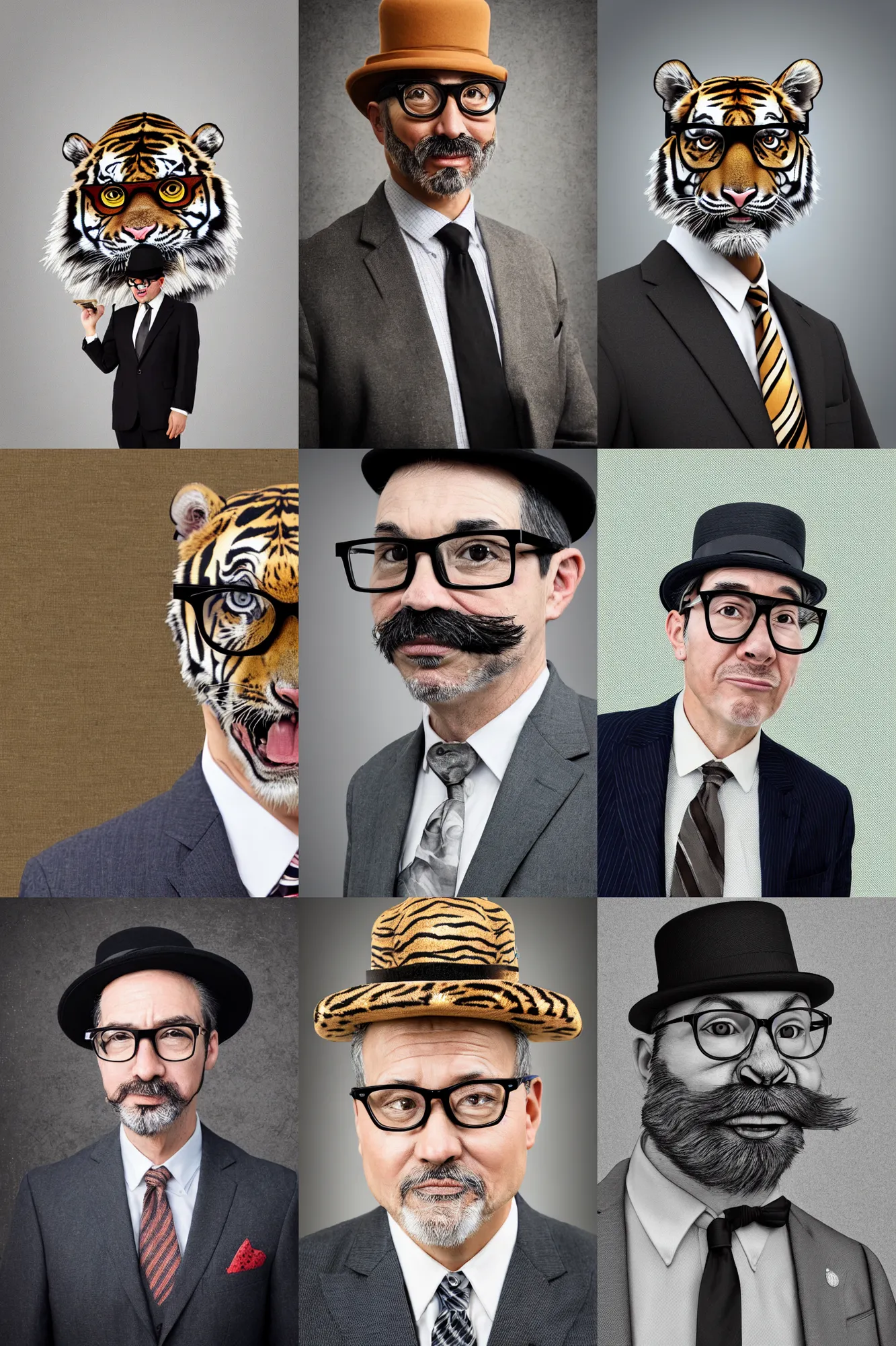 Prompt: realistic portrait photo of a !!graying tiger!! wearing a business suit and tie, wearing a bowler hat, !!wearing modern glasses!!, !!!Anthropomorphic!!!