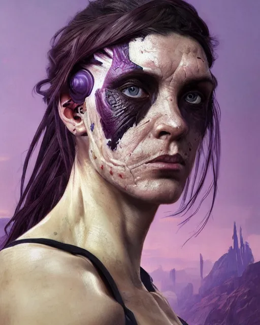 Prompt: '' Face portrait of a scarred fighter, reptile skin, purple eyes, long hair with a ponytail , sci-fy, cyberpunk, high detail, 4k , digital painting, artstation, concept art, sharp focus, illustration, art by greg rutkowski and alphonse mucha ''