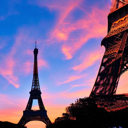 Image similar to flying dragon over the eiffel tower, paris, sunset