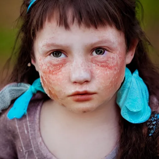 Prompt: a little blue girl with messy black hair she has sharp pointed ears freckles along the ridges of her cheeks, high resolution film still, 4k, HDR colors