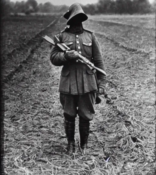 Image similar to a soldier wearing a scarecrow mask in distance, ww1 film photo, grainy, high detail, high resolution