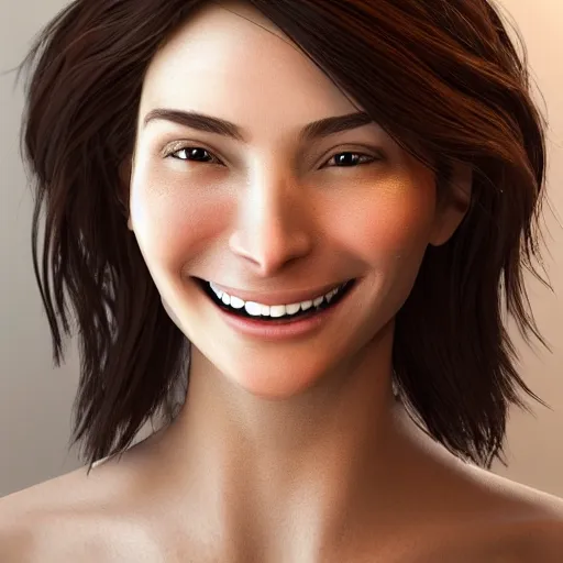 Image similar to beautiful smiling woman. hyper - realistic. trending on artstation. cinematic lighting. lifelike. symmetrical face. golden ratio. 8 k. uhd. sharp focus. highly detailed. beautiful face