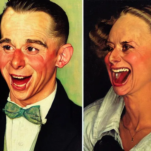 Image similar to Front portrait. On the left, a man trying to look as alpha male as possible. On the right, a woman laughing at him. A painting by Norman Rockwell.