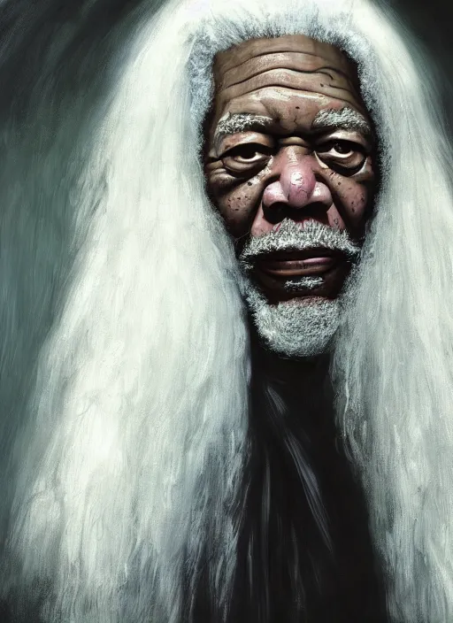 Prompt: medium camera shot of evil morgan freeman as evil wizard saurman the white, long white hair and white beard, beautiful pure white warlock flowing robes, by alan lee, lord of the rings, smooth, oil painting, matte painting, concept art, trending on artstation, promotional artwork, film still, elegant, photorealistic facial features, intricate, detailed face, dramatic lighting