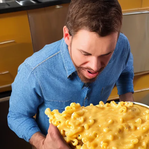 Image similar to man vomiting kraft mac and cheese