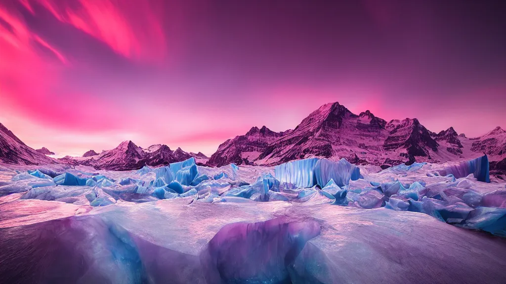 Prompt: amazing landscape photo of a pink glacier with lake in sunset by marc adamus, beautiful dramatic lighting