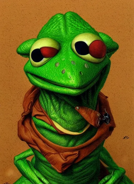 Prompt: portrait of Kermit the frog from Society (1989), intricate, highly detailed, centered, digital painting, artstation, concept art, smooth, sharp focus, illustration, artgerm, donato giancola, Joseph Christian Leyendecker, WLOP, Artgerm