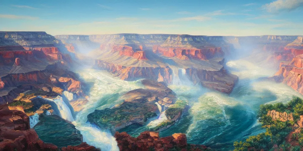 Image similar to Grand Canyon, Niagara Falls, cinematic lighting, detailed oil painting, hyperrealistic, 8k