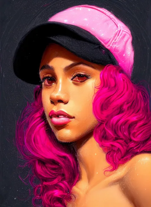 Image similar to portrait of teenage vanessa morgan with bright pink hair, black girl, vanessa morgan, curly pixie cut hair, wearing newsboy cap, newsboy cap, hoop earrings, intricate, elegant, glowing lights, highly detailed, digital painting, artstation, concept art, smooth, sharp focus, illustration, art by wlop, mars ravelo and greg rutkowski