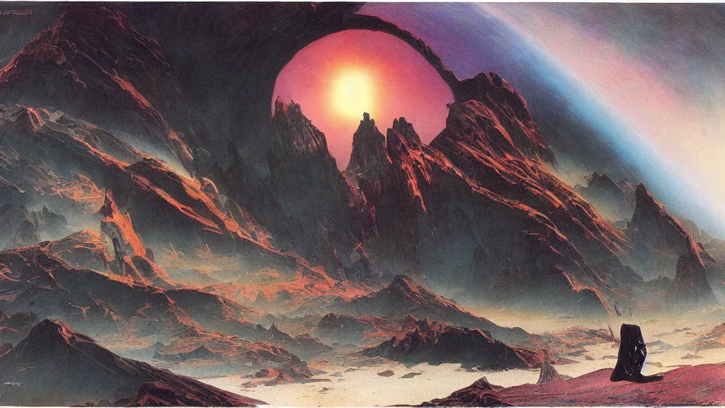 Image similar to journey to the center of the universe by frank frazetta and bruce pennington, cinematic matte painting