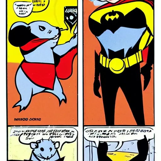 Prompt: A hamster dressed as batman, moonlight, vintage comic book style