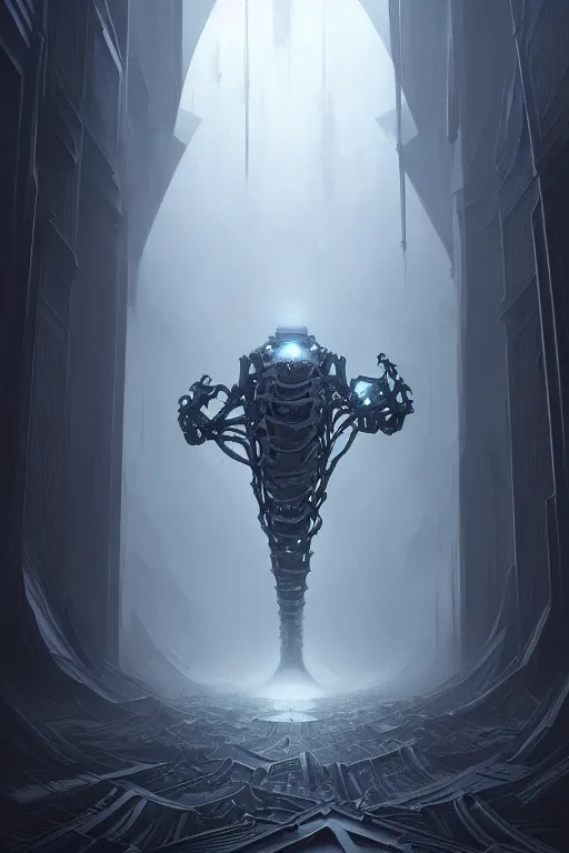 Image similar to professional concept art of a symmetrical fractal ominous floating robotic terrifying thing in a dark room by artgerm and greg rutkowski ( thin white border ). an intricate, elegant, highly detailed digital painting, concept art, smooth, sharp focus, illustration, in the style of cam sykes, wayne barlowe, igor kieryluk.