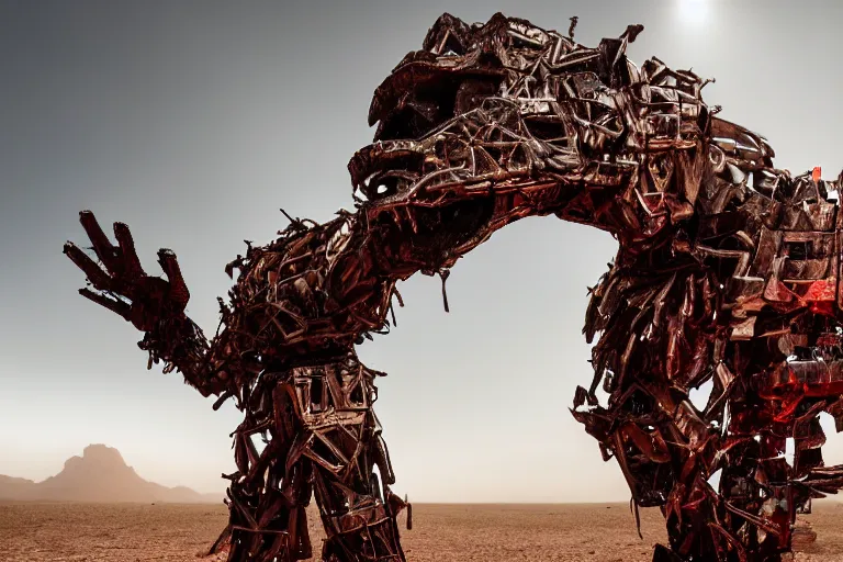 Image similar to a gigantic angry monster made of scrap metal with red eyes, standing in the desert, looking at camera, realism, photo realistic, high quality, misty, hazy, ambient lighting, cinematic lighting, studio quality,