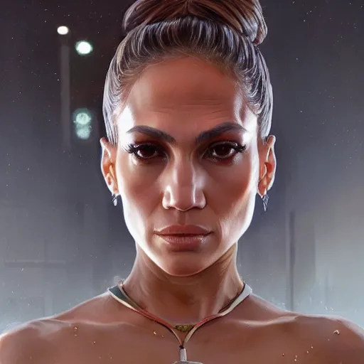 Image similar to highly detailed portrait jennifer lopez wearing shiny plastic crop top bladerunner, glistering skin, oiled, in gta v, stephen bliss, unreal engine, fantasy art by greg rutkowski, loish, rhads, ferdinand knab, makoto shinkai and lois van baarle, ilya kuvshinov, rossdraws, tom bagshaw,