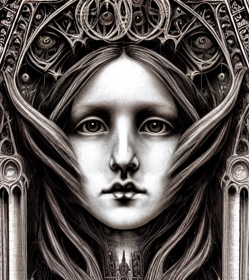 Image similar to hyperrealistic detailed face portrait of a beautiful long haired young goddess morphing into a gothic cathedral, authentic ornamental architecture, art by ernst haeckel, android jones, h. r. giger, gothic, neo - gothic, heavily ornamental,