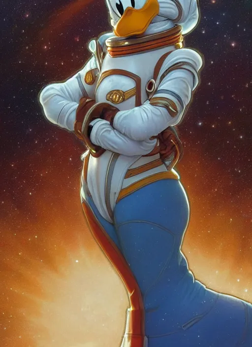 Image similar to Donald Duck as an astronaut, woman, fantasy, intricate, elegant, highly detailed, centered, digital painting, artstation, concept art, smooth, sharp focus, illustration, art by artgerm and donato giancola and alphonse mucha