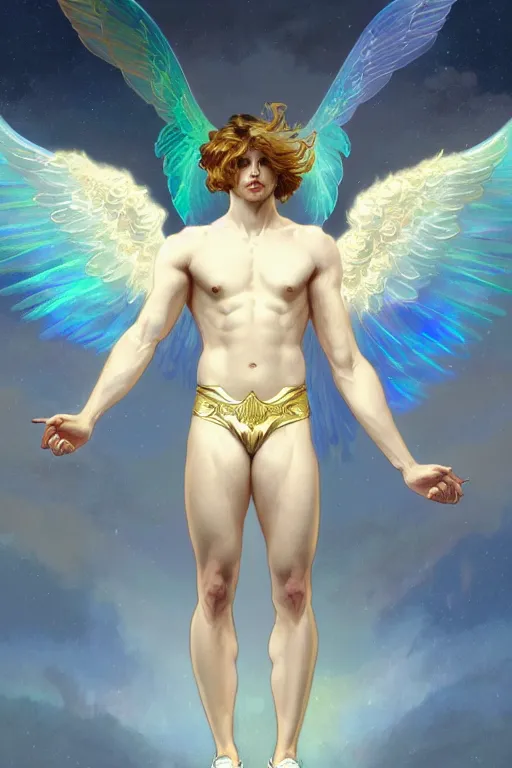 Image similar to fullbody portrait of a beautiful young fit male angel with curly blond hairs, fluent clothes around the legs, majestic symmetrical big eagle wings, luminous halo, by greg rutkowski and alphonse mucha, gradient white to gold, in front of an iridescent background, highly detailed portrait, digital painting, artstation, concept art, smooth, sharp focus illustration