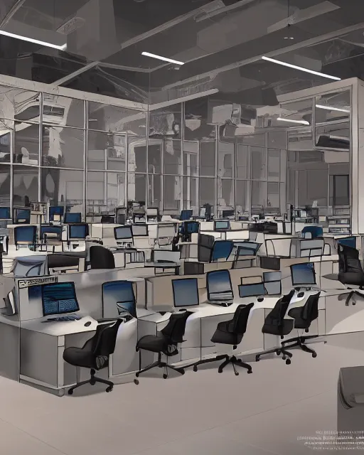 Image similar to call center in the style of the tv show, hyper realistic, ambient lighting, concept art, intricate, hyper detailed, smooth, volumetric lighting, octane