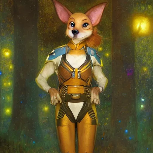 Prompt: a portrait of an alien female dog dogwoman canine in starfleet uniform at night in a dark forest. zootopia fursona furaffinity furry art detailed face painting by gaston bussiere craig mullins jc leyendecker gustav klimt artgerm greg rutkowski furry