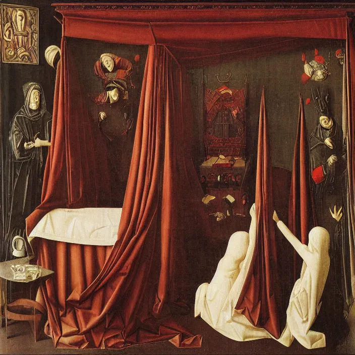 Image similar to three monsters jumping on the bed with white cloth and baldachin. jan van eyck