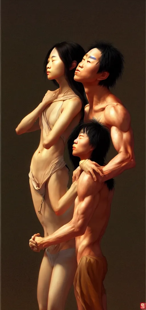 Image similar to young asian fit male and female, wearing clothes, kissing each other, by kyu yong eom thomas cole and wayne barlowe, 8 k, high detail, fantasy art, dnd, artstation,