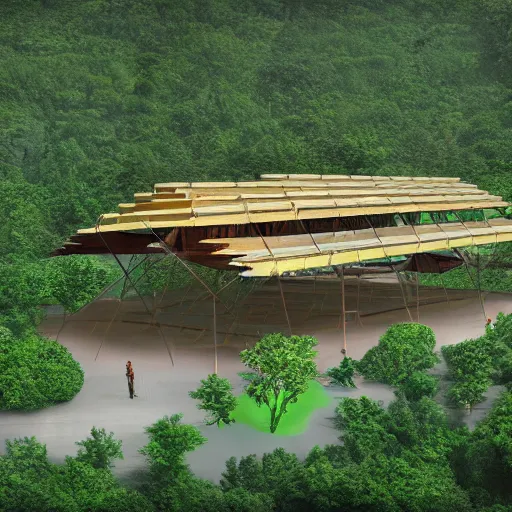 Image similar to timber megastructure in the middle of the jungle, concept art