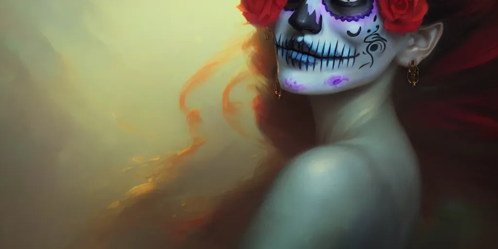 Prompt: portrait of dia de muertos, extremely detailed digital painting, in the style of fenghua zhong and ruan jia and jeremy lipking and peter mohrbacher, mystical colors, rim light, beautiful lighting, 8 k, stunning scene, raytracing, octane, trending on artstation