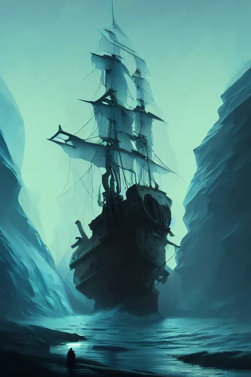 Prompt: concept art by jama jurabaev, cel shaded, cinematic shot, trending on artstation, high quality, brush stroke, vibrant colors, a mysterious giant ghost ship trapped in the glacier