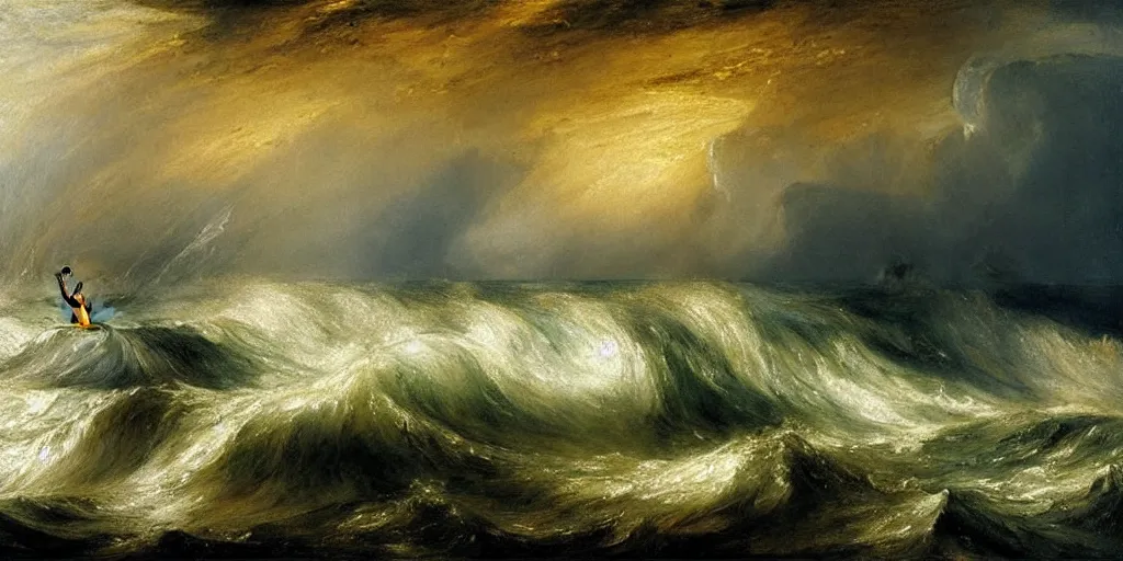 Image similar to A painting of a ship at sea, in a storm, by J.M.W. Turner