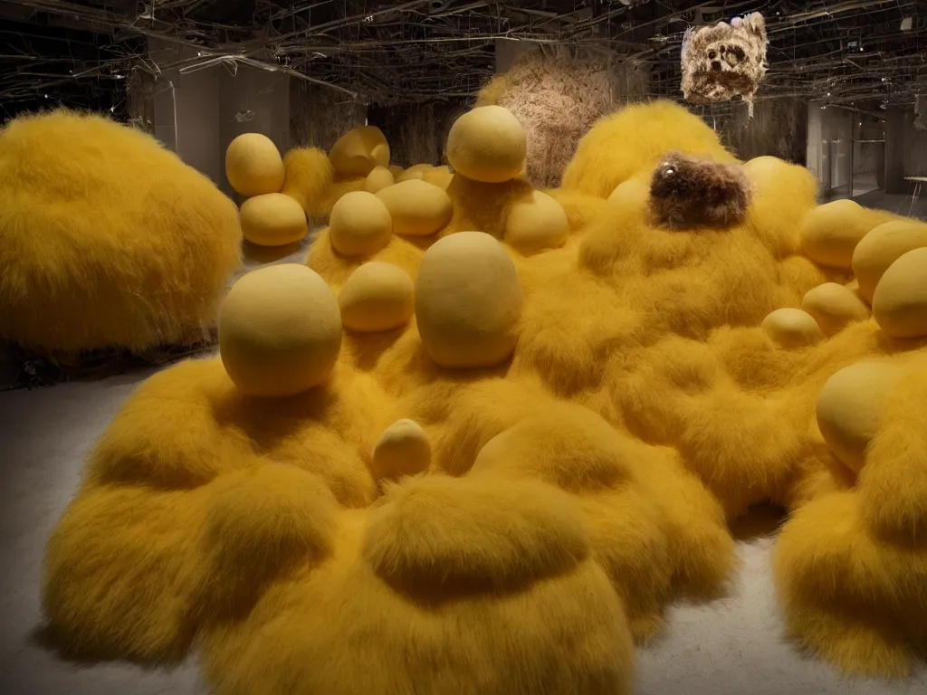 Image similar to a fur covered jelly bean shape, dirty grungy stuffed animal, style of paul mccarthy and mike kelley, yellow - tan color