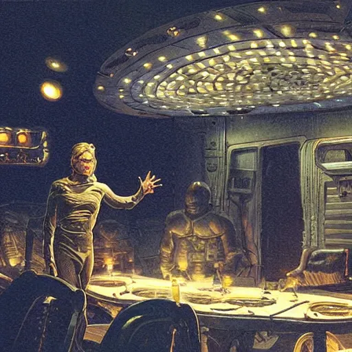 Prompt: scene from prometheus movie, syd mead artlilery spaceship lands in country tavern, filigree ornaments, volumetric lights, micheal whelan