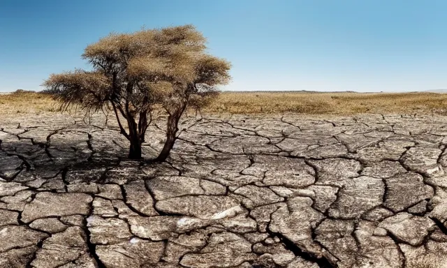 Image similar to medium shot of a crying ancient dried up Danu, peaceful, facing the camera and standing in front of a dried up river in a desolate land, dead trees, blue sky, hot and sunny, highly-detailed, elegant, dramatic lighting, artstation, 4k, cinematic landscape, photograph by Elisabeth Gadd