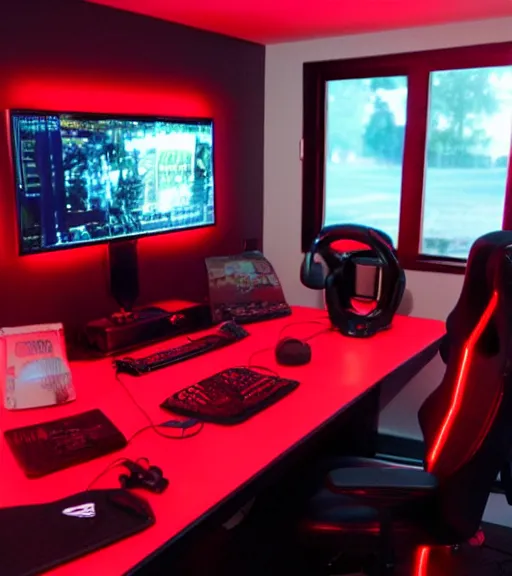 Prompt: gamer room with a person, red led lights, gamer chair