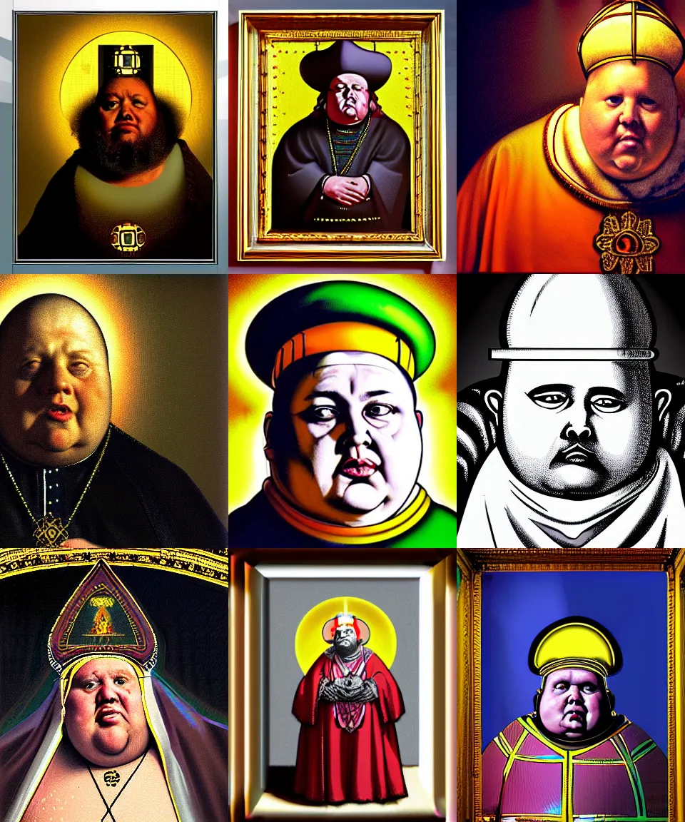 Prompt: portrait of a morbidly obese radioactive archbishop, hyper realistic, wearing a mitre with the nuclear symbol and emitting gamma rays, classic painting. artstation, digital painting, realism, rembrandt, van lieven, dramatic lighting