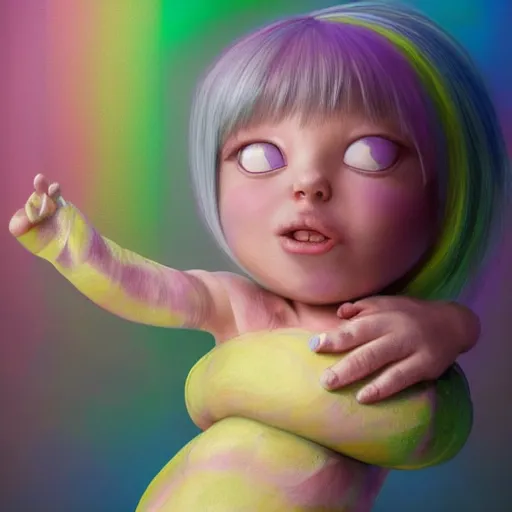 Image similar to A full body shot of a cute and mischievous huggy-wuggy from poppy-playtime the video game. Fancy Dress. Subsurface Scattering. Translucent Skin. Rainbow palette. defined facial features, symmetrical facial features. Opalescent surface. beautiful lighting. By Giger and Ruan Jia and Artgerm and WLOP and William-Adolphe Bouguereau. Photo real. Hyper-real. Photorealism. Fantasy Illustration. Sailor Moon hair. Masterpiece. trending on artstation, featured on pixiv, award winning, cinematic composition, dramatic pose, sharp, details, Hyperrealism, HD, HDR, 4K, 8K.