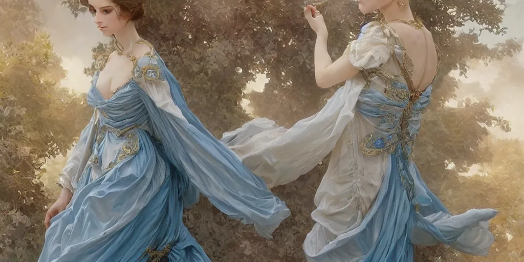 Image similar to lonley lady dressed in a vaporous wrapped large victorian intricate majestic cream roses silk semi-transparent blue and cream dress fashion is running D&D, fantasy, intricate, elegant, highly detailed, digital painting, artstation, concept art, matte, sharp focus, illustration, art by Artgerm and Greg Rutkowski and Alphonse Mucha