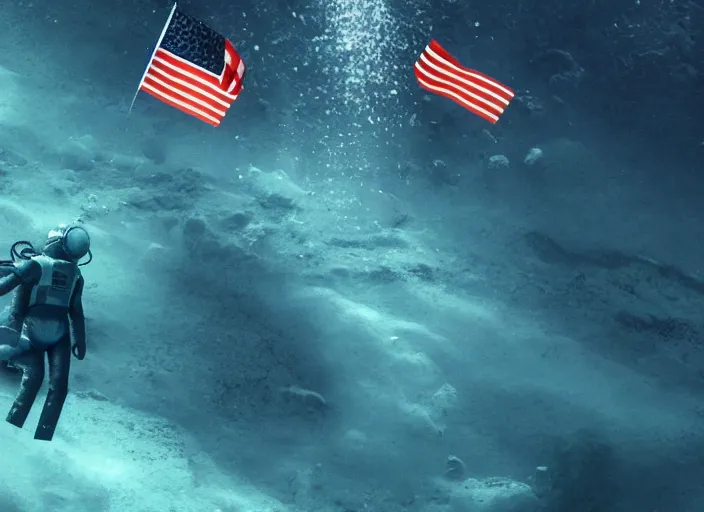 Image similar to astronaut underwater putting a flag in the sand of the bottom of the ocean. in the background, a submarine is visible. dark, concept art, cinematic, dramatic, atmospheric, 8 k, trending on artstation, zack snyder