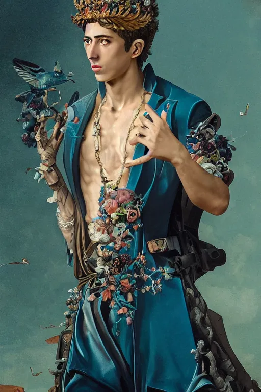 Prompt: a young handsome Spanish prince in a full-body bronze cyberpunk style statue of an android with glowing blue eyes, crown of peach roses, flowing teal-colored silk, fabric, flowers. baroque elements, human skull. full-length view. baroque element. intricate artwork by caravaggio. many many birds birds on background. Trending on artstation, octane render, cinematic lighting from the right, hyper realism, octane render, 8k, depth of field, 3D